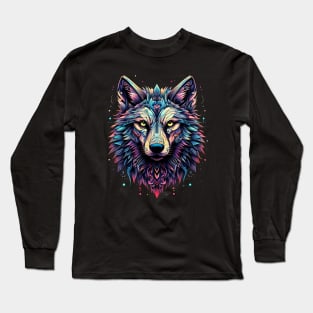 A Blue, Teal, Pink, Yellow And Purple Wolf Long Sleeve T-Shirt